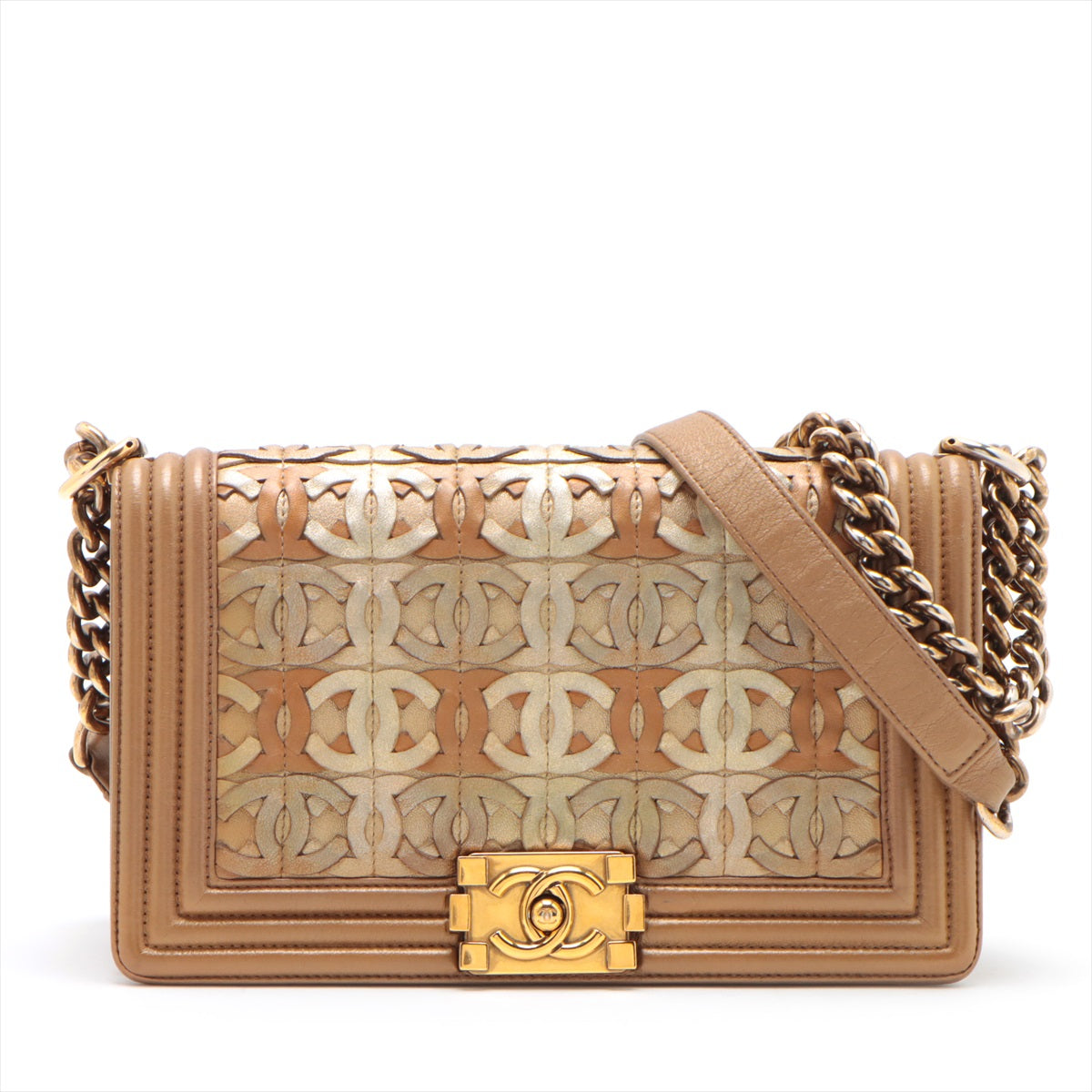 Pre-Owned Chanel Small BOY CHANEL 25 Lambskin Chain Shoulder Bag Dubai Exclusive Beige Gold Metal