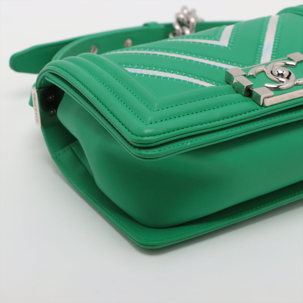 Pre-Owned Chanel Boy Chanel 20 Small Lambskin Chain Shoulder Bag Green Silver Metal