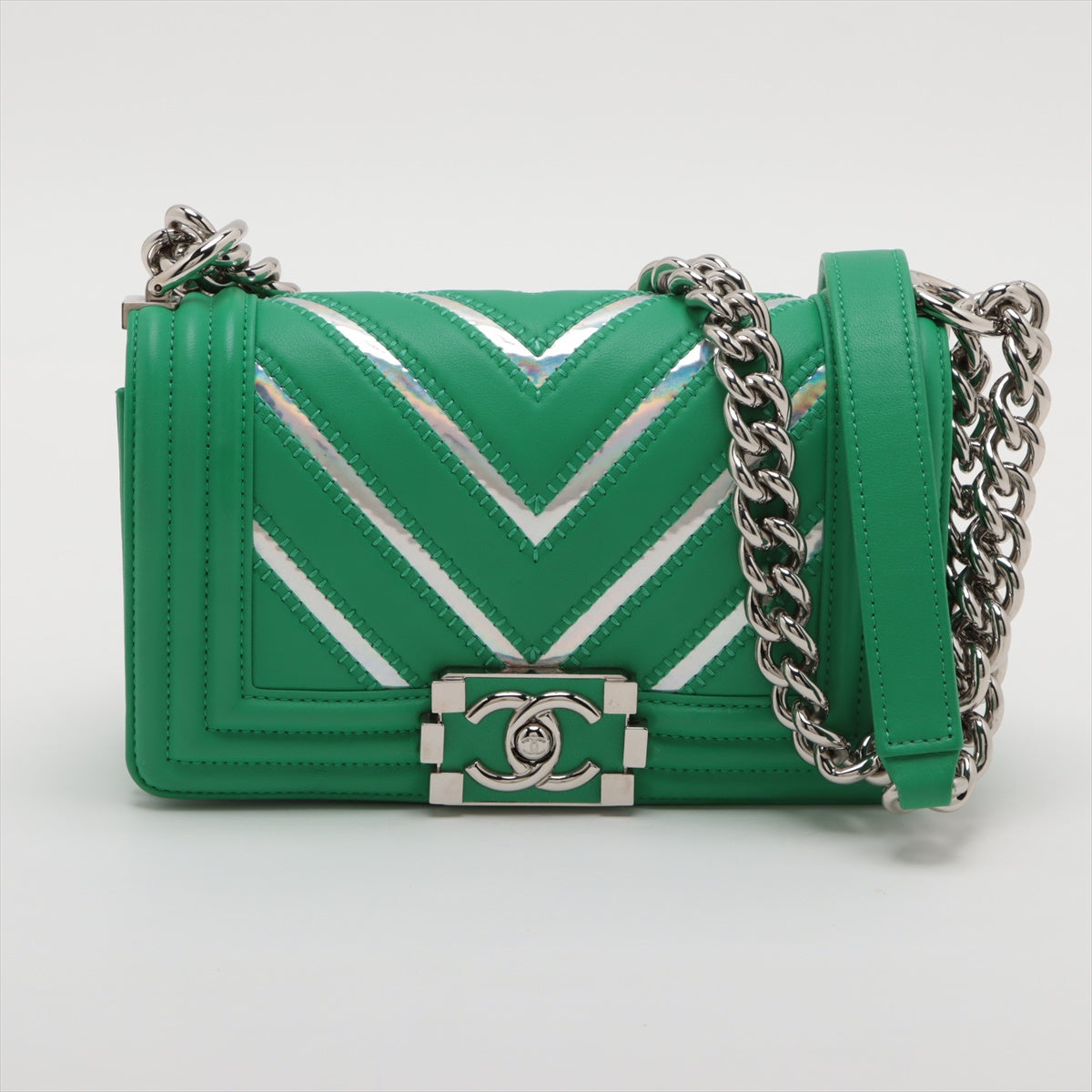 Pre-Owned Chanel Boy Chanel 20 Small Lambskin Chain Shoulder Bag Green Silver Metal