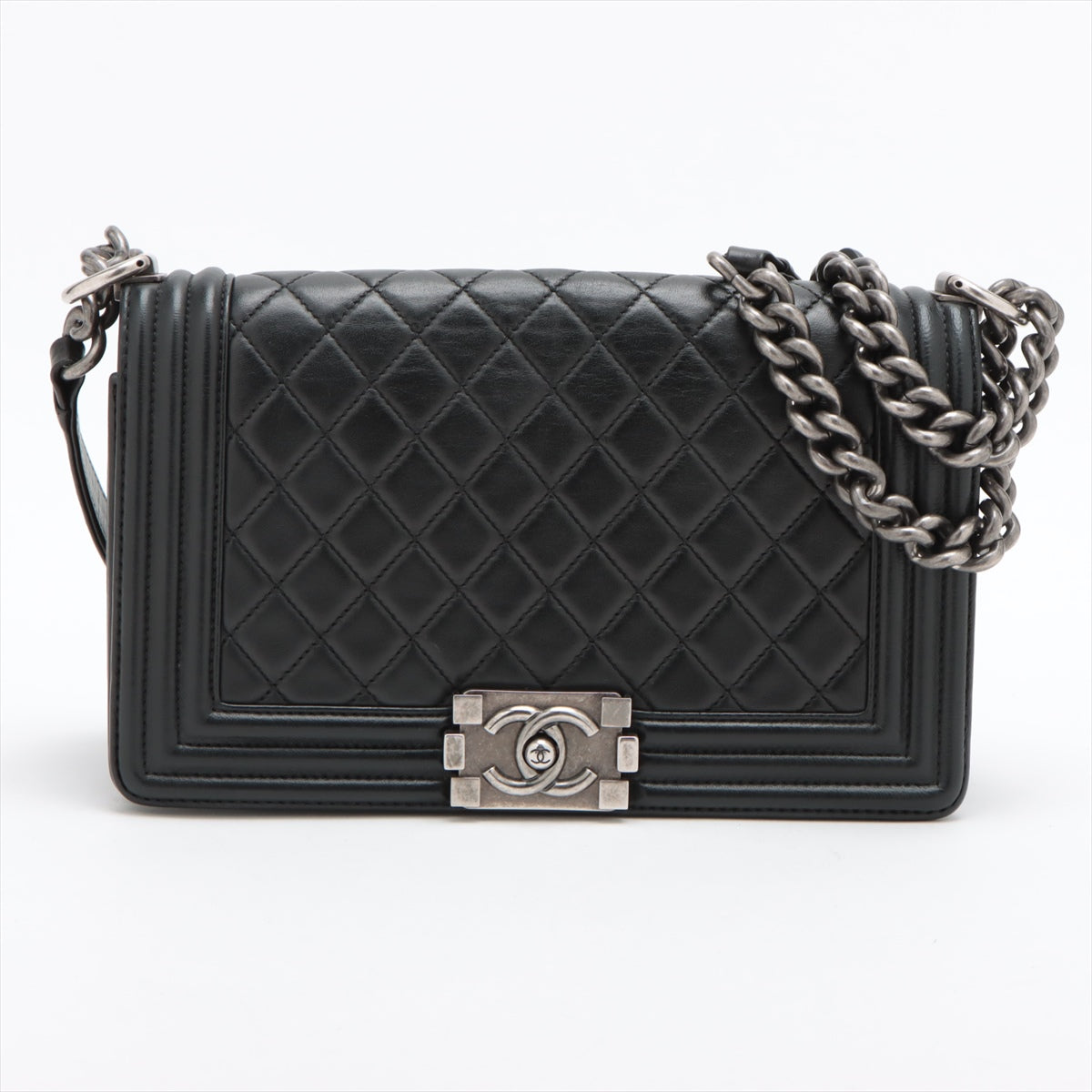 Pre-Owned Chanel BOY CHANEL 25 medium Lambskin Chain Shoulder Bag Black