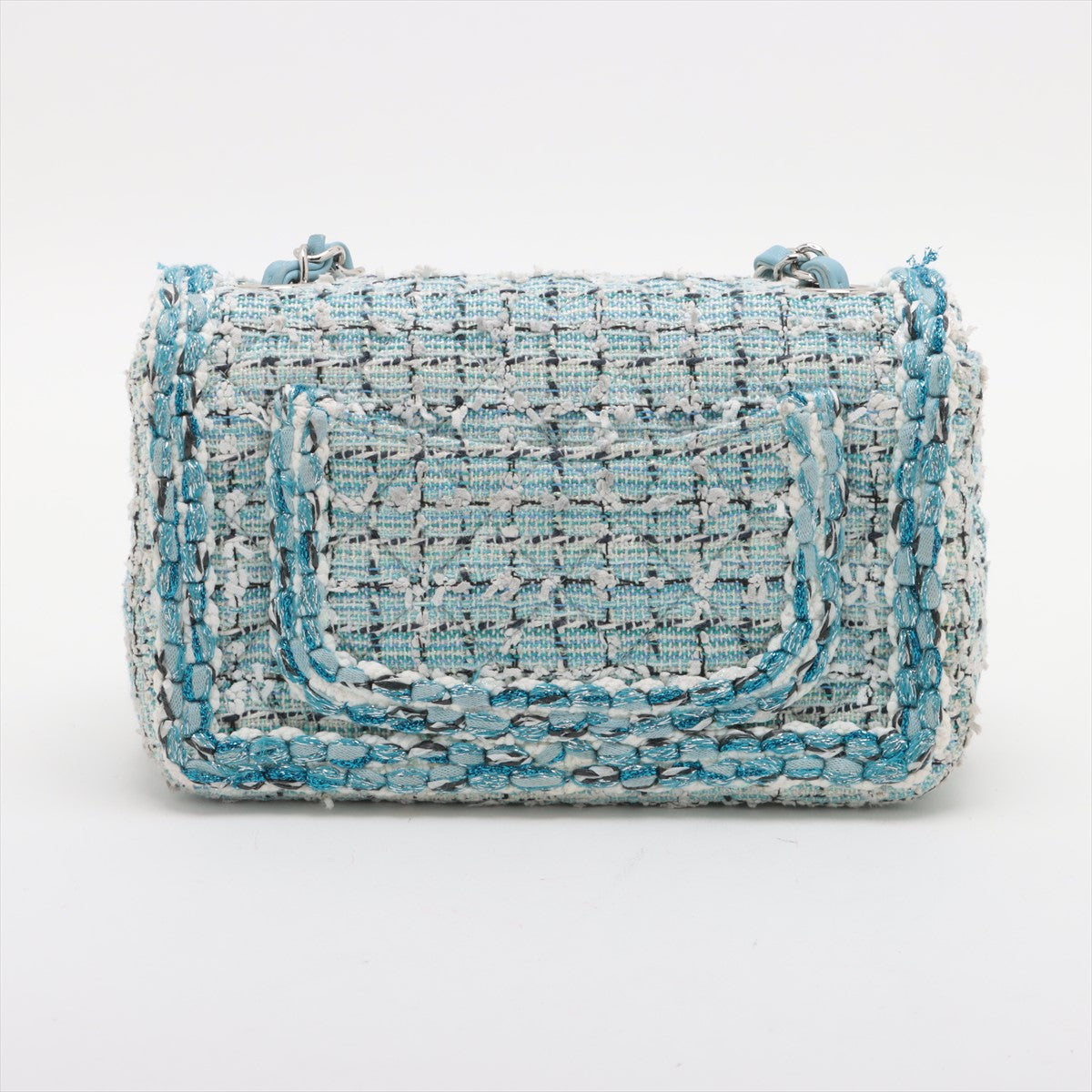 Pre-Owned Chanel Mini Matelasse 20 Tweed Single Flap Single Chain Bag Light Blue Silver Metal