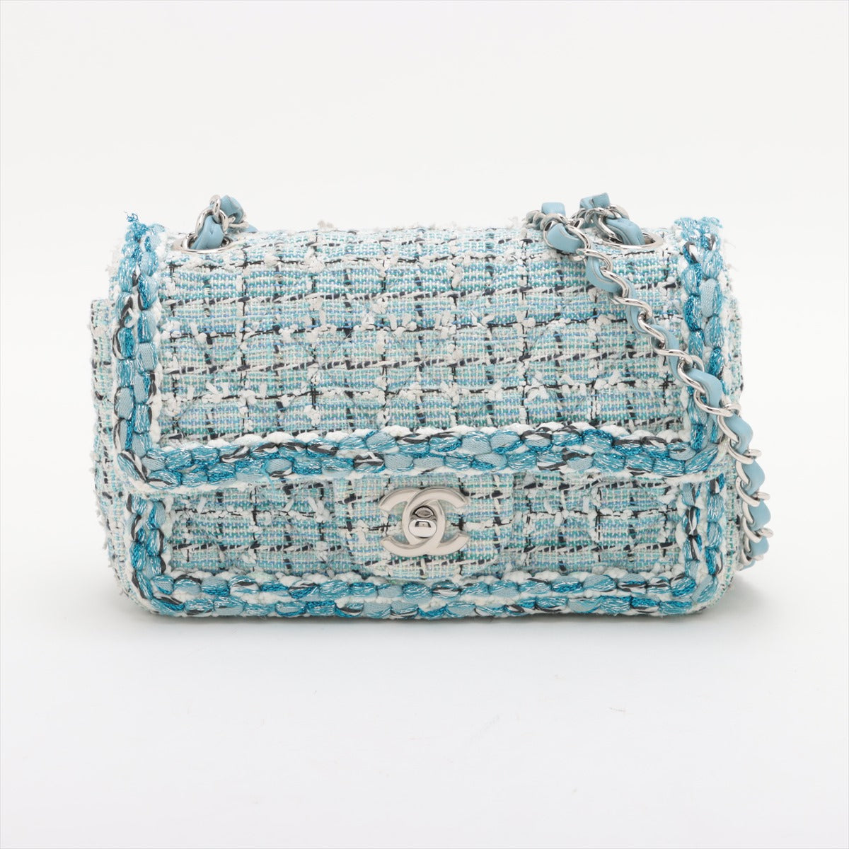 Pre-Owned Chanel Mini Matelasse 20 Tweed Single Flap Single Chain Bag Light Blue Silver Metal