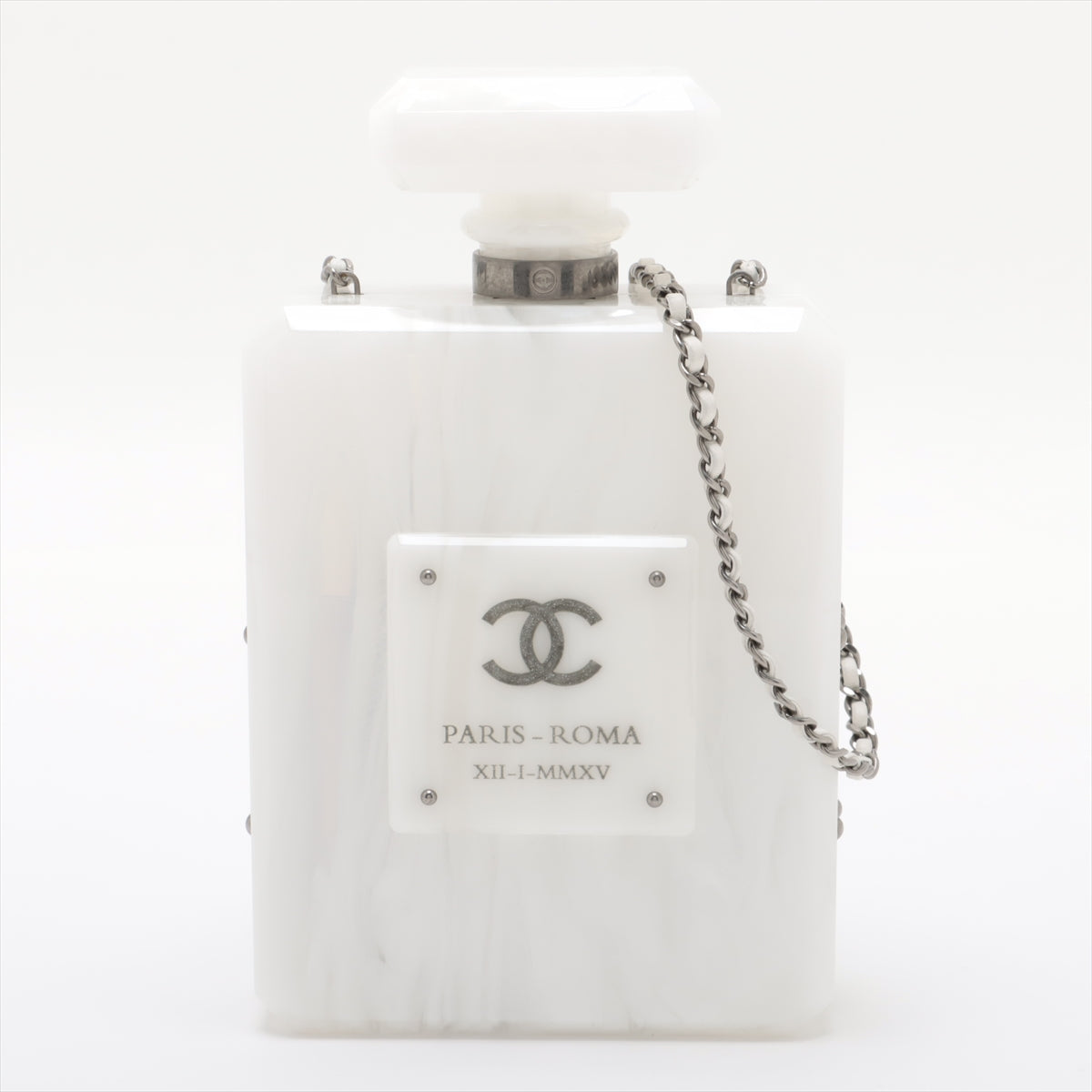 Pre-Owned Chanel Coco Mark Plastic Chain Shoulder Bag perfume bag marble pattern White Silver Metal