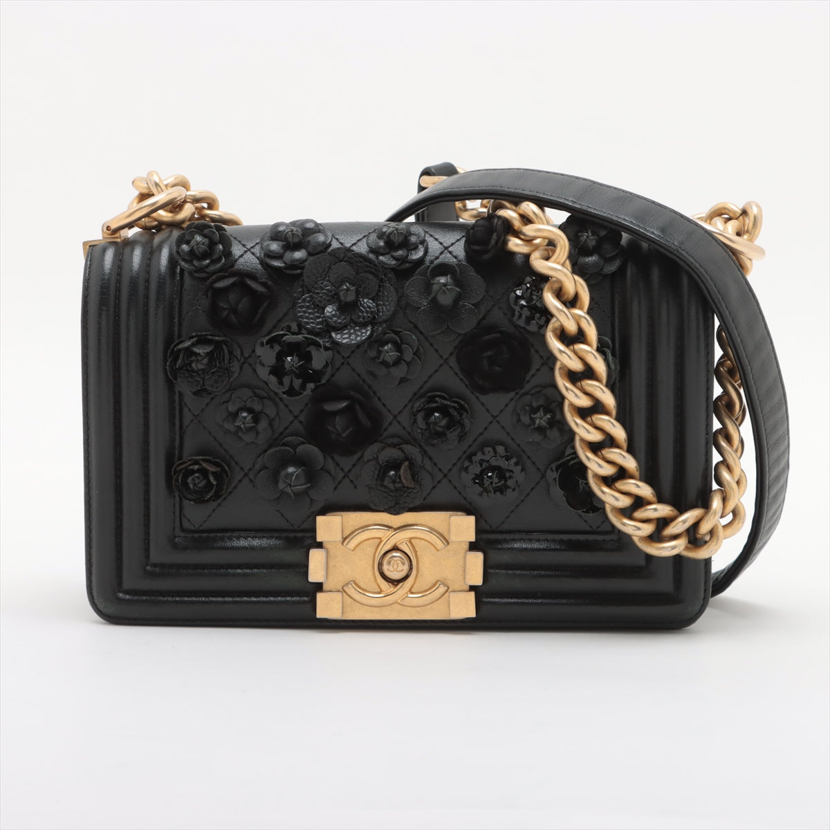 Chanel Boy Chanel 20 Small Lambskin Chain leboy  Shoulder Bag Camelia Black Gold Metal