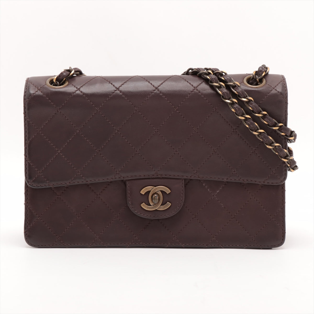 Pre-Owned Chanel calfskin Single Flap Classic Flap Double Chain Bag Brown chocolate medium 25 cm Gold Metal