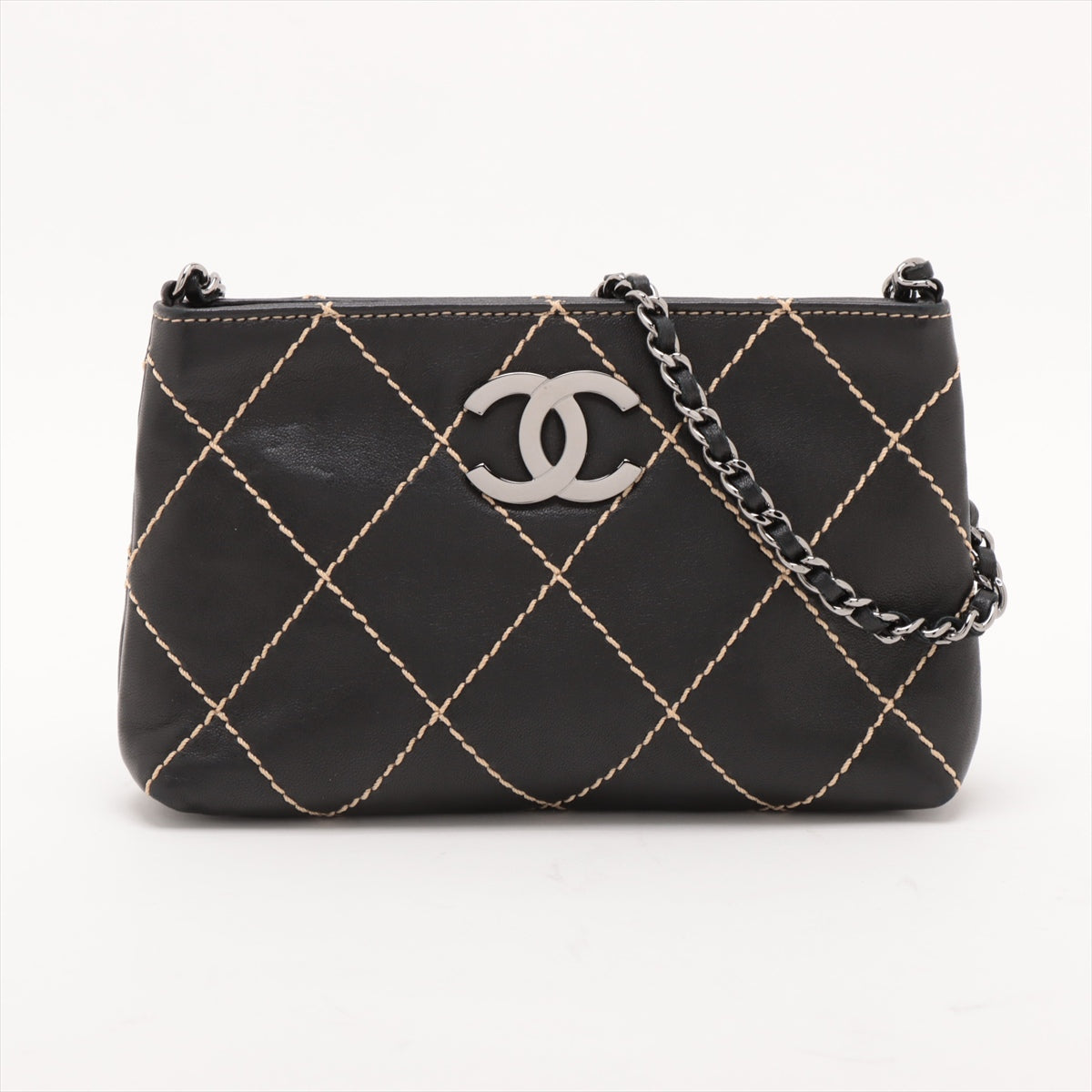 Pre-Owned Chanel Wild Stitch Lambskin Mini Shoulder bag Black Silver Metal