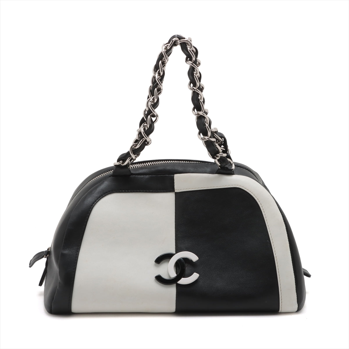 Pre-Owned Chanel Coco Mark Leather Chain handbag Bicolor Black × White Silver Metal